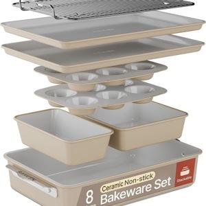 Bakken 8-Piece Ceramic Coated Bakeware Sets, Nonstick Aluminized Steel Pans with Muffin, Loaf, Cake, Roasting Pan, & Cooling Rack, Oven Safe Up To 500°F, Dishwasher Safe, BPA, PTFE & PFAS Free, Cream