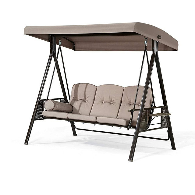PURPLE LEAF 3-Seat Deluxe Outdoor Patio Porch Swing with Weather Resistant Steel Frame, Adjustable Tilt Canopy, Cushions and Pillow Included, Beige