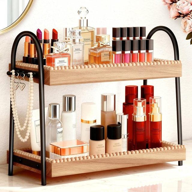 2-Tier Large & Medium Perfume Organizer with 8 Hooks for Jewelry, Bathroom Countertop & Vanity Tray Makeup Shelf - Space Saving Wooden Storage for Skincare, Dresser, Kitchen Decor(Black & Light Brown)
