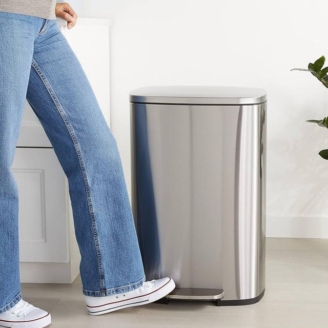 Amazon Basics Smudge Resistant Rectangular Trash Can with Soft-Close Lid, Foot Pedal, Removable Inner Bucket, 50 Liter/13.2 Gallon, Brushed Stainless Steel, Satin Nickel Finish