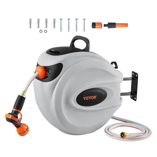 VEVOR Retractable Hose Reel, 115 ft x 1/2 inch, Garden Water Hose Reel with 9-Pattern Nozzle, 180° Swivel Bracket Wall-Mounted, Automatic Rewind, Lock at Any Length, with Slow Return System