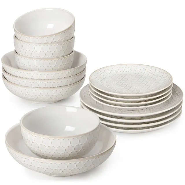 vancasso 16 piece white honeycomb-shaped embossed ceramic tableware set includes 4 dinner plates/dessert plates/pasta/cereal bowls
