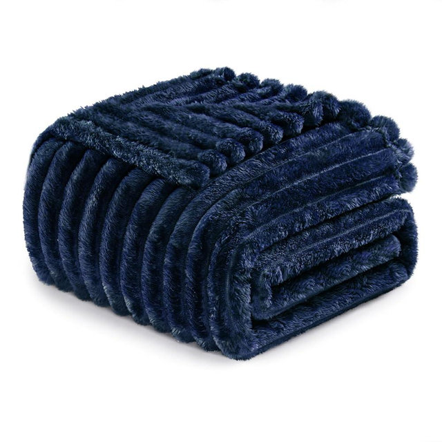Exclusivo Mezcla Fleece Throw Blanket for Couch, Super Soft Striped Jacquard Bed Blanket, Lightweight Fuzzy Cozy for All Seasons, 50x60 Inches, Navy Blue