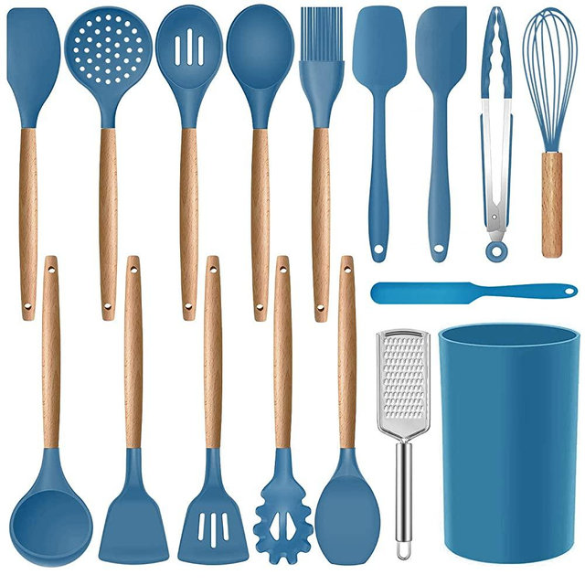 MIBOTE 17 Pcs Silicone Cooking Kitchen Utensils Set with Holder, Wooden Handles BPA Free Silicone Turner Tongs Spatula Spoon Kitchen Gadgets Utensil Set for Nonstick Cookware (Blue)