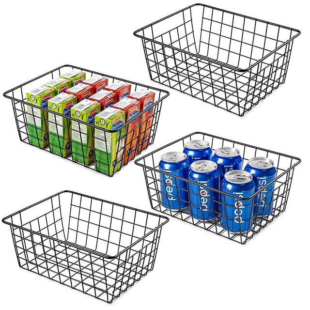 Wire Storage Baskets for Organizing, Vtopmart 4 Pack Metal Wire Freezer Organizer Bins with Handles, Small Pantry Baskets for Kitchen Cabinets, Bathroom, Laundry, Garage, Black