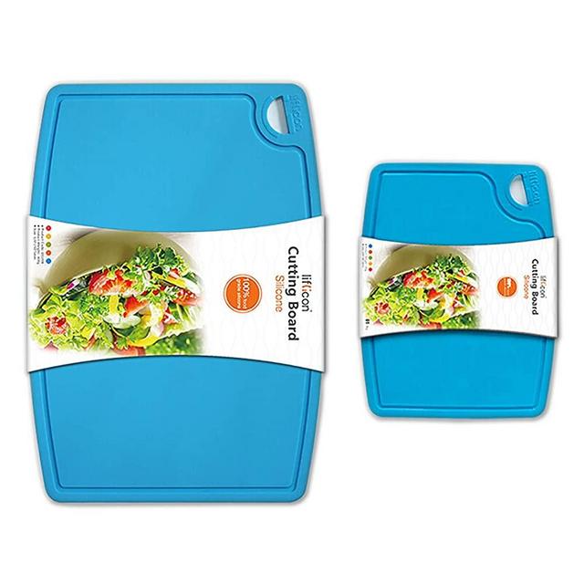 Liflicon Thick Cutting Boards for Kitchen Silicone Chopping Board Set of 2 Large14.6''x10.43'', Mini 9.1”x7.1” Non-slip Deep Drip Juice Groove Easy Grip Handle,Dishwasher Safe-Blue