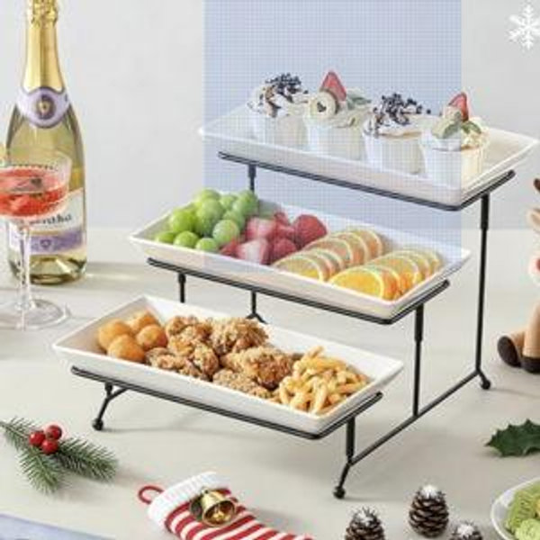 MALACASA 3 Tier Serving Trays for Party, Porcelain Serving Platters and Trays, 12 Inch Tiered Tray Stand, Fruit Tray, Trays for Serving Food, White Dessert Stand with Collapsible Sturdier Metal Rack