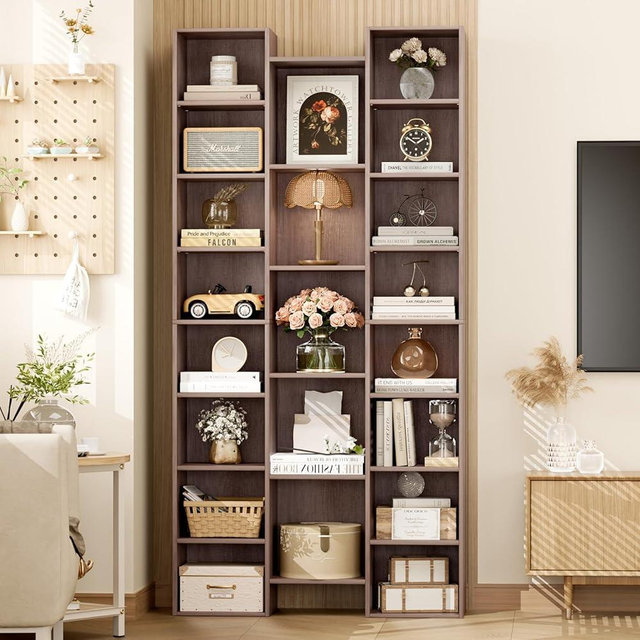 FOTOSOK Triple Wide 8 Tier Media Storage Tower Rack, 71" Large CD DVD Storage Tower Rack with Adjustable Shelves, Tall Bookshelf Narrow Bookshelf for Home Office, Oak