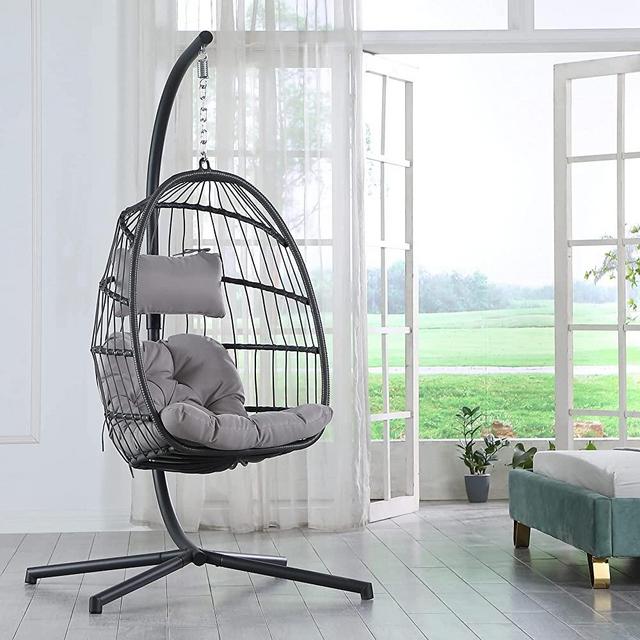 Brafab Swing Egg Chair, Hammock Chair, Hanging Chair,Aluminum Frame and UV Resistant Cushion with Steel Stand for Indoor Outdoor Patio Porch Bedroom Wicker Rattan Hand Made Chair 350LBS Capacity