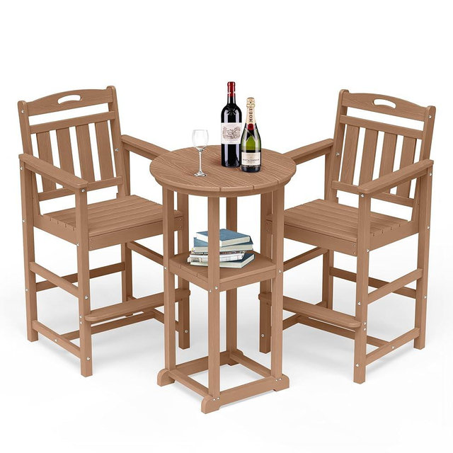 SUUNYN Outdoor Bistro Bar Set, Patio High Top Table and Bar Height Tall Adirondack Chairs Set of 2, All-Weather HDPE Round Pub Furniture for Outside Balcony Backyard Pool Deck | 3-Pieces, Teak