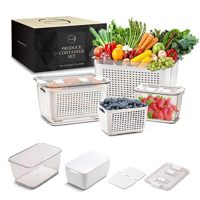 3 Pack Produce Saver Container With Lids and Dividers - Vegetable and Fruit Containers for Fridge Produce Keeper - Adjustable Vent System Produce Storage BPA-Free Berry Fridge Storage Organizer bins