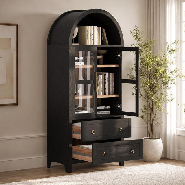 MLSERSYAS 71" Tall Arched Kitchen Pantry Cabinet with Glass Doors, Modern Wood China Cabinet Storage Hutch with 2 Storage Compartment and Adjustable Shelves, Suitable for Dining Room, Coffee Bar