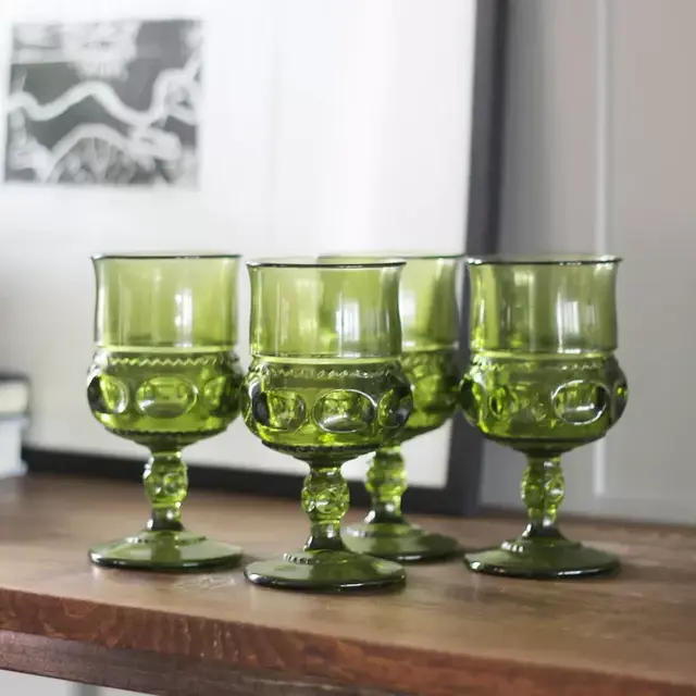 Vintage Green Colony Kings Crown Thumbprint Goblets - Set/4 Mid Century Avocado Green Indiana Glass Thumbprint Pedestal Glasses