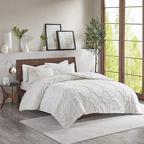 Madison Park Pacey 3 Piece Tufted Cotton Chenille Geometric Duvet Cover Set, King/Cal King, White
