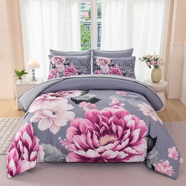 ZSYAYAHA King Size Floral Bedding Set Women Pink Flower Printed on Gray Bed in A Bag Cozy Elegant 7 Pieces Peony Botanical Comforter with Sheets Set(Gray, King)