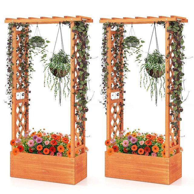 S AFSTAR Raised Garden Bed with Trellis, 2 Pieces Wood Planter Box with Hanging Roof & Drainage Holes for Climbing Plants, Vines, Flowers & Vegetables, Indoor Outdoor Plant Container for Patio & Yard
