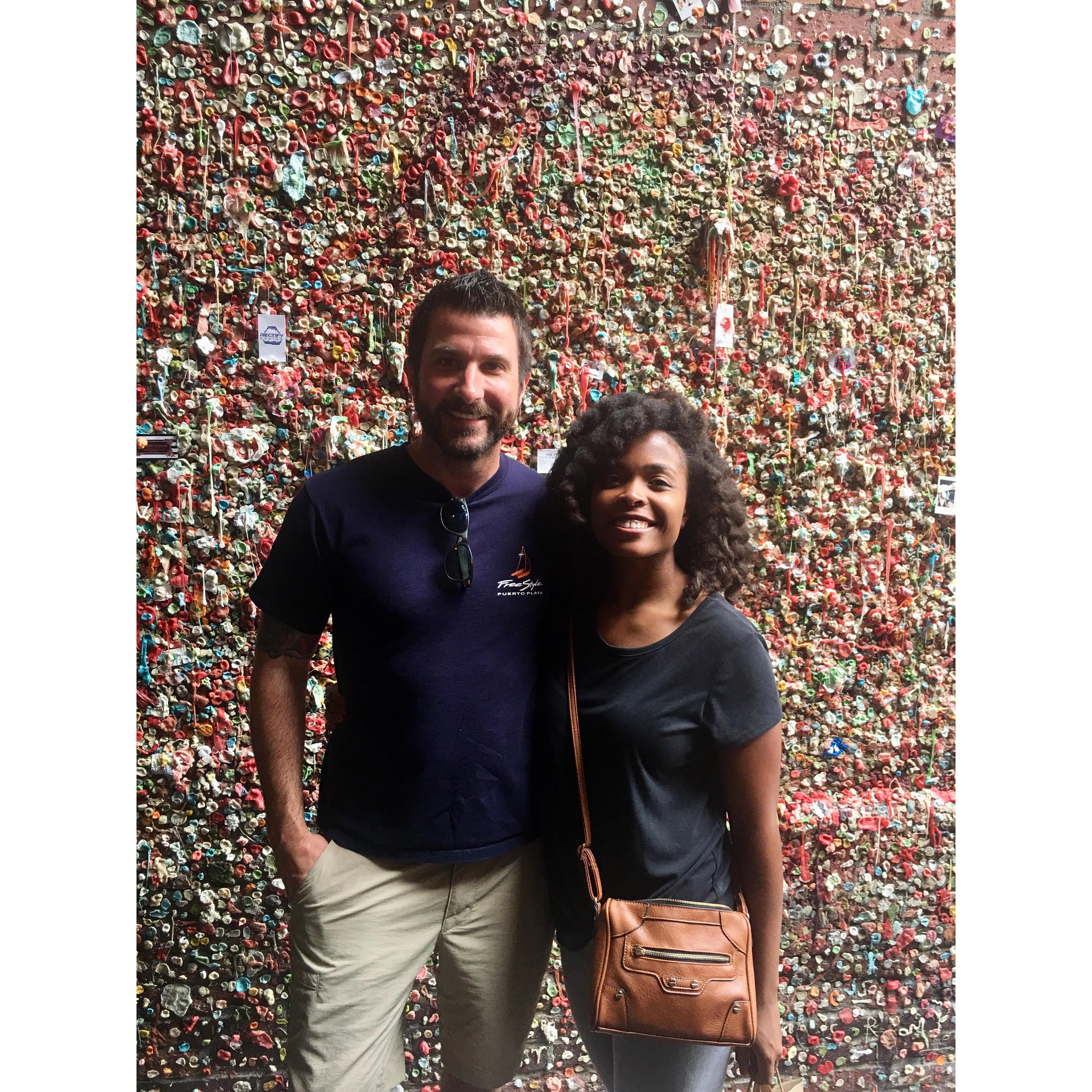In front of the legendary wall of used gum in Seattle, WA - just a day before Matt proposed!