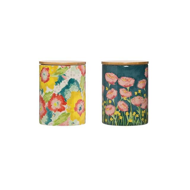Creative Co-op Floral Stoneware Canister with Bamboo Lid (Set of 2 Styles) Food Storage, Multicolored