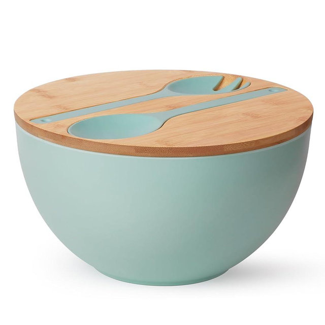 ECOHAGOU 11.3" Extra Large Salad Bowl with Wooden Lid & Servers, 208Oz, Oversized Bamboo Fiber Salad Serving Set with Utensils for Home/Kitchen, Big Lightweight Bowl for Mixing Salad,Fruit,Pasta