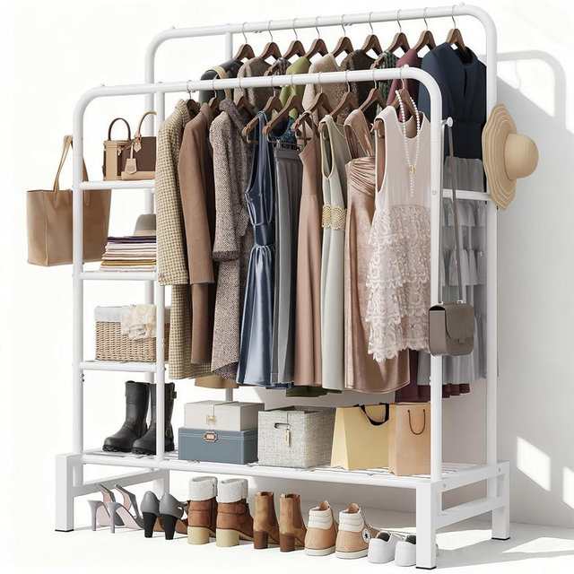 LZNIOZ Clothes Rack for Hanging Clothes, Double Rods Clothing Rack with 3 Tier Storage Shelves, Multifunctional Heavy Duty Clothes Rack with Hooks for Bedroom, Laundry, Living Room (Modern, White)