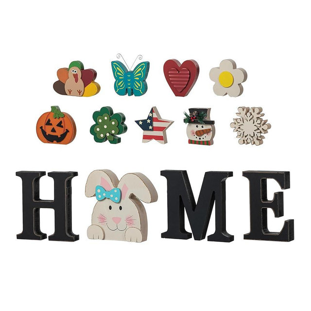 Glitzhome Interchangeable Home Table Signs with 13 Pcs Seasonal Icons, Wooden Interchangeable HOME Sign for Holiday Decor, Home Letter Sign Ornaments Set Interchangeable Holiday Decorative Shelf Sign