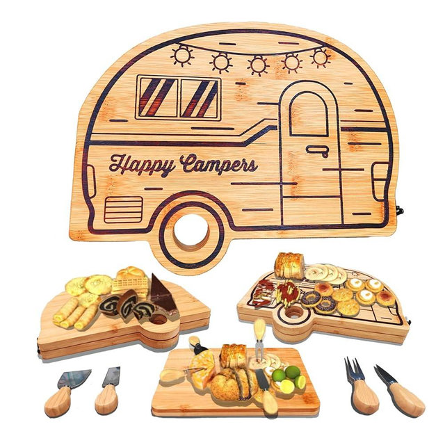 Haigoo Foldable RV Charcuterie Boards, Birthday Gifts for Women with Cheese Knife Set, Bamboo Cutting Board with Safety Lock as House Warming Gifts New Home, Camper Wooden Cutting Board RV Gifts