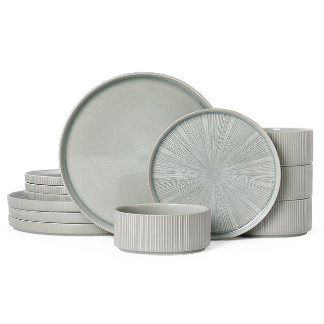 ALOFMO Dinnerware Sets for 4, Ceramic Plates and Bowls Set 12 Piece Dinnerware Chip Resistant Stoneware, Dishwasher and Microwave Safe-Green