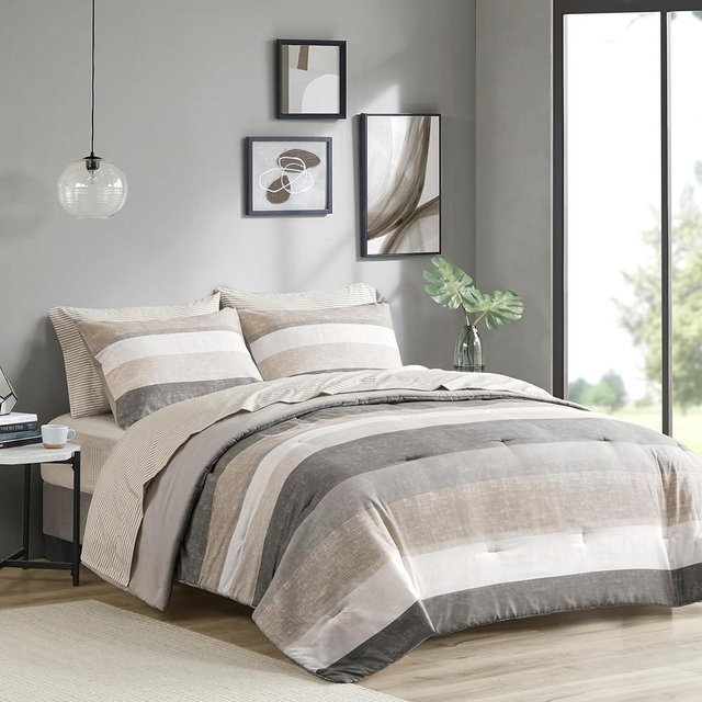 Madison Park Essentials King Comforter Set, Bed in A Bag Comforter & Sheet Set, Modern Casual Stripes Print, All Seasons, Soft Microfiber Bedding Makeover, Matching Shams, King Taupe/Grey 7 Piece