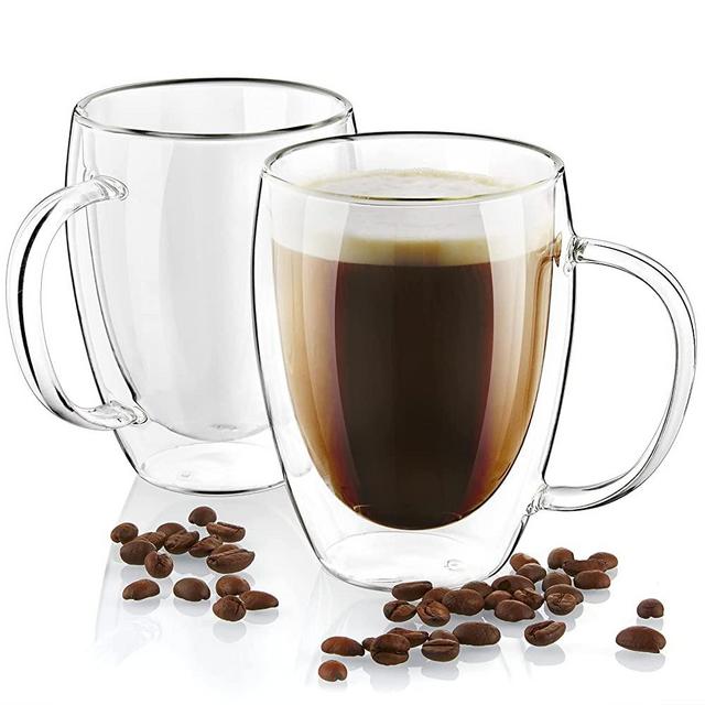 Double Wall Glass Coffee Mugs Set of 2, 12 oz Insulated Coffee Mug with Handle, Clear Glass Coffee Cups for Cappuccino, Tea, Lightweight and Microwave Safe, Ideal Gift for Thanksgiving Christmas