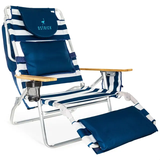 Ostrich Deluxe Reclining Lounge Chair, 3 in 1 Folding Outdoor Beach Lounger, Blue Stripe - Heavy-Duty Portable Camping Chair for Lawn, Pool, Patio,