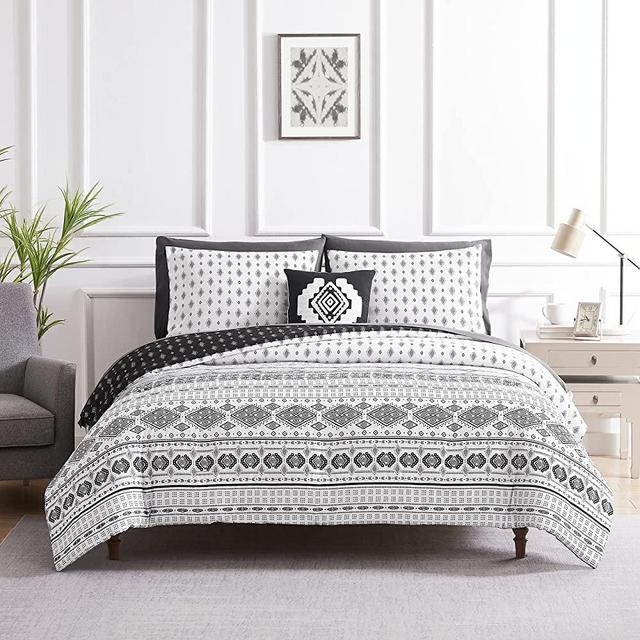 Geniospin Boho Comforter Set Queen 8 Piece, Reversible Queen Comforter Folkloric Art Pattern, All Season Comfortable Aztec Bedding Set ( White Queen, 90x90 Inches)