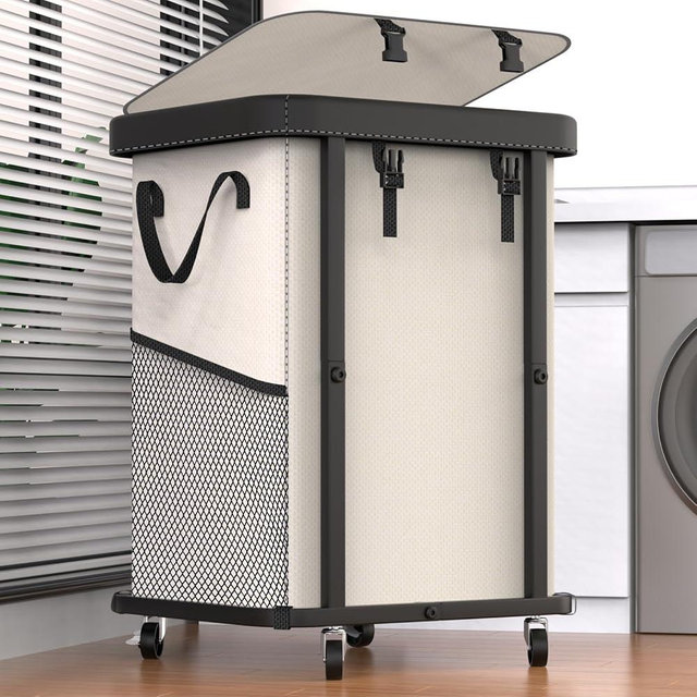 150L (40 Gal) Large Fashion Laundry Basket with Wheels, Leather Patchwork Rolling Hamper Carts, Sturdy Metal Frame, Removable Washable Bag, Tall Clothes Sorter for Bedroom, Laundry Room - Beige