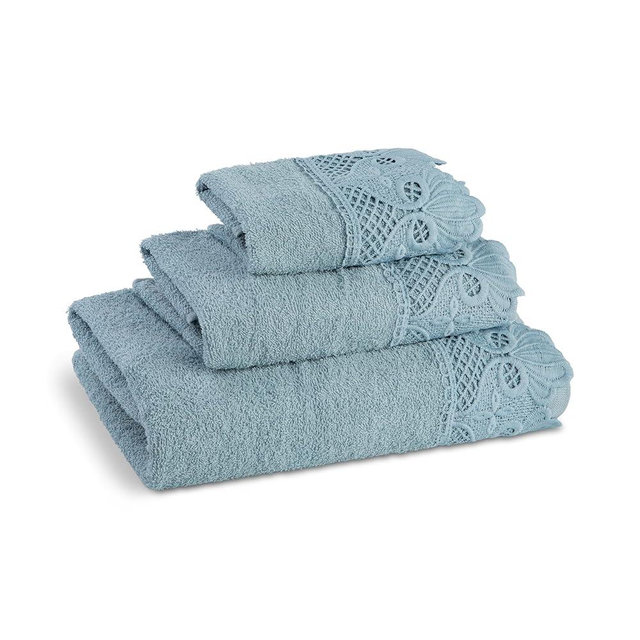 Zahari Home 3 Piece Laced Towel Set - Stylish Soft Plush Cotton Towels with Hand Towel & Washcloth - Highly Absorbent Towels for Bathroom, Gym, Hotel & Spa (Macramee Blue)