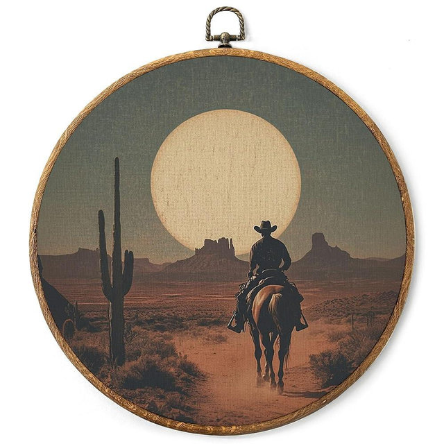 AYQJCBGC Vintage Western Round Framed Wall Art, Cowboy Silhouette in Desert Moonlight Rustic Farmhouse Wall decor, 10x10 Inch.(040)
