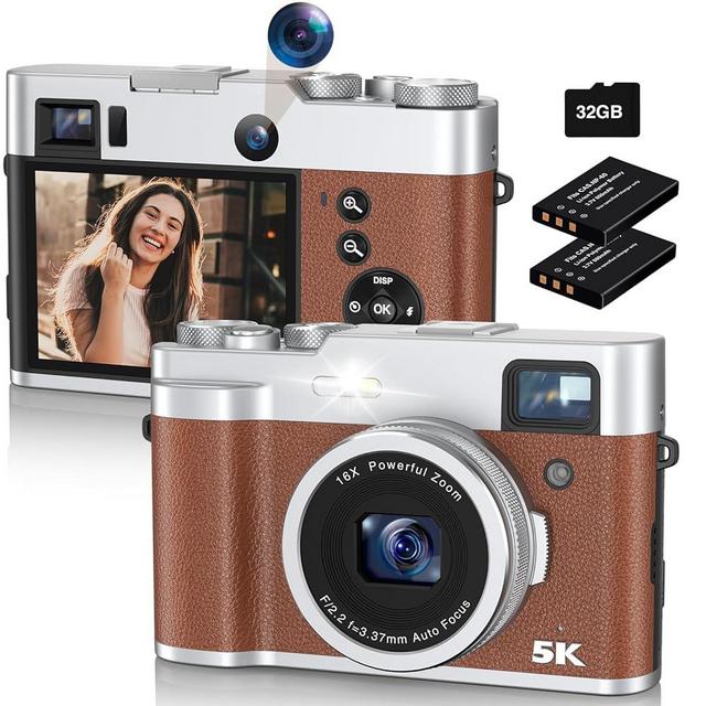 Newest 5K Digital Camera for Photography 48MP Selfie Camera with Front and Rear Dual Lens 16X Digital Zoom Compact Point and Shoot Cameras with Viewfinder, Vlogging Camera with 32G Card & 2 Batteries