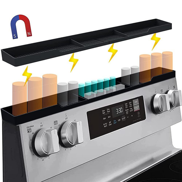 Silicone stove top shelf 30",JOOKKI magnetic over stove top shelf for kitchen stove,oven shelf for back with Zero Installation,over the stove spice rack With With partition and perimeter fence.