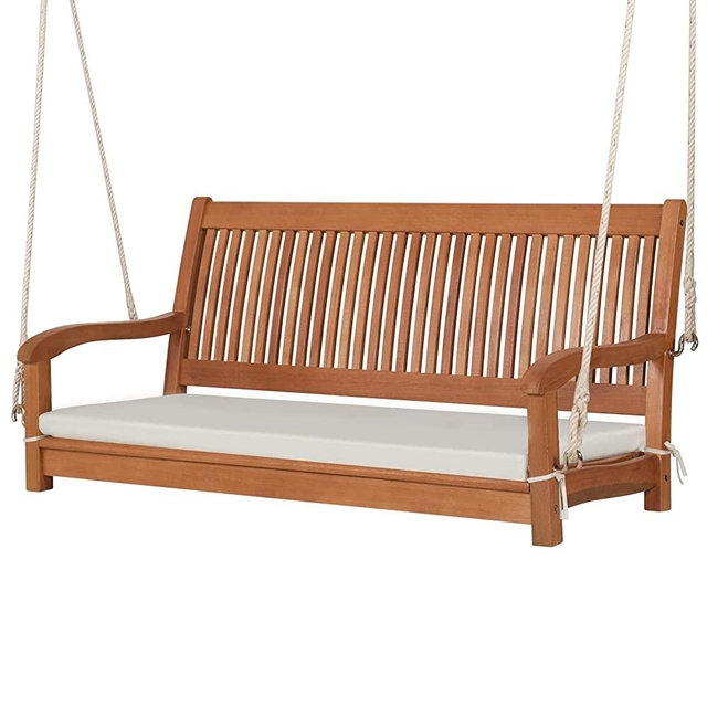 Tangkula 2 Person Hanging Porch Swing, Outdoor Bench Swing with Chains, High Back, Cozy Armrests, Heavy Duty 800Lbs Wooden Hanging Swing Chair with Cushion for Backyard, Deck, Garden (Natural)