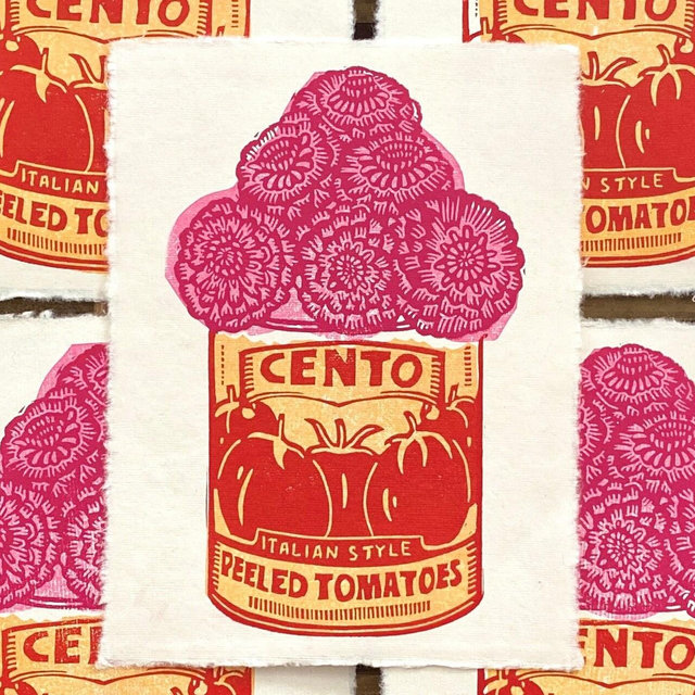 Tomato Can Floral Relief Print | Zinnias | Tinned Tomato | Summer Food | Cottagecore | Kitchen Gift | Linocut Block Print