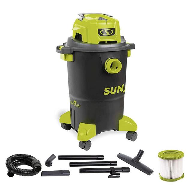 Sun Joe SWD5000 5-Gallon 1200-Watt 7 Peak HP Wet/Dry Shop Vacuum, HEPA Filtration, Wheeled w/Cleaning Attachments, for Home, Workshops, Pet Hair and Auto Use, 5 Gallon, Black/Green