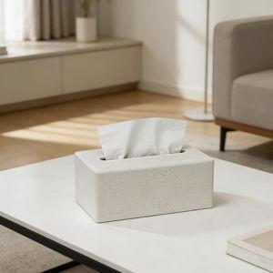 Tissue Box Cover Rectangle, Resin Decorative Facial Tissue Holder Covers Toilet Paper Holder Travertine Stone Look Paper Dispenser Home Decor for Bathroom Bedroom Living Room Office - Off White