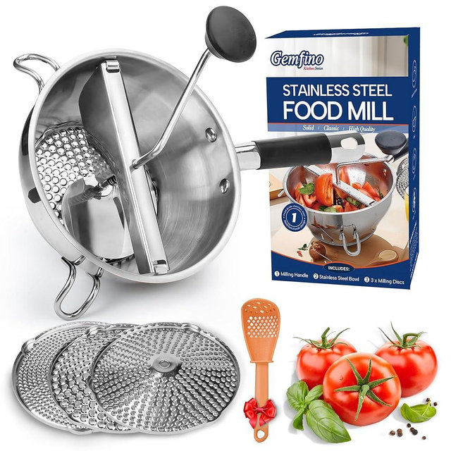Stainless Steel Food Mills With 3 Milling Discs,Ergonomic design Of Rotary Food Mills For Tomato Sauce,Potatoes,Jams with Silicone Handle Dishwasher Safe, Multifunctional Spoon,Orange