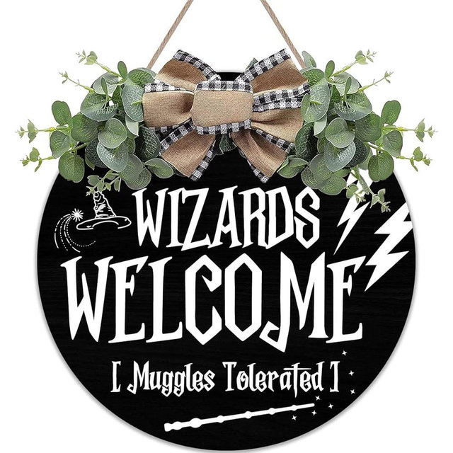 Wizards Welcome Muggles Tolerated Wreaths Round Wood Hanging Sign with Ribbon Bow Wall Art Decor for Home Farmhouse Bar Pub Yard Front Door Decorations Gifts 12 x 12 Inch
