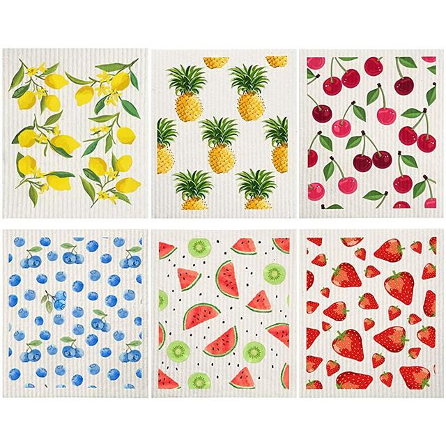 Mixed Fruit Swedish Dishcloths Reusable Dish Towels Absorbent and Fast Dry Cleaning Cloths for Kitchen Blueberry Cherry Strawberry Lemon Pineapple Watermelon Cleaning Wipes (6)
