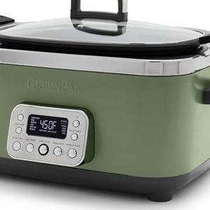 GreenPan Elite 14-in-1 Nonstick 6QT Electric Slow Cooker, PFAS-Free Ceramic Multi-Cooker, In-Pot Browning, Dishwasher Safe Lid & Removable Crock, Stainless Steel Steamer, Silicone Handles, Sage Green