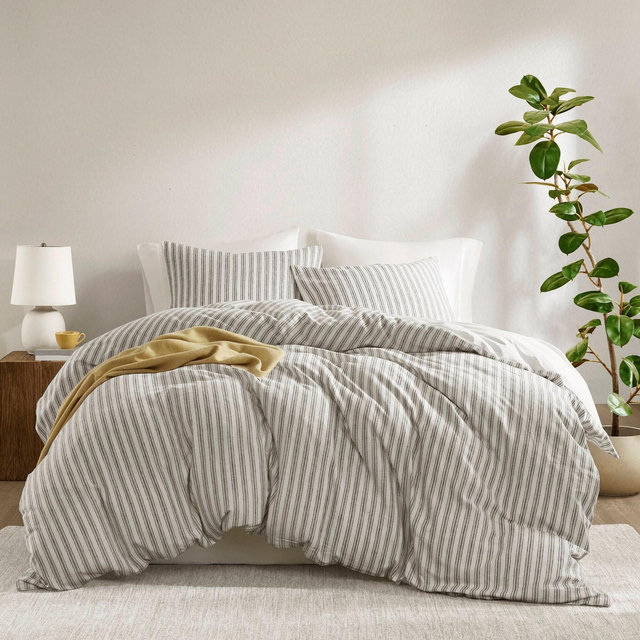 Okak King 3-Piece Linen Bed Duvet Cover Set with Vertical Stripes Pattern,Comfortable Coverlet Bedding Sets,Machine Washable,Gray