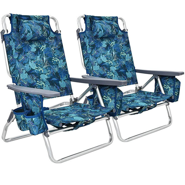 GYMAX Folding Recline Beach Chair, Set of 2 Adjustable Camping Chair with Ice Bag, Cup Holder, Towel Bar & Side Pockets, Lightweight Portable Patio Lounger for Outdoor (Blue Leaves, Without Table)