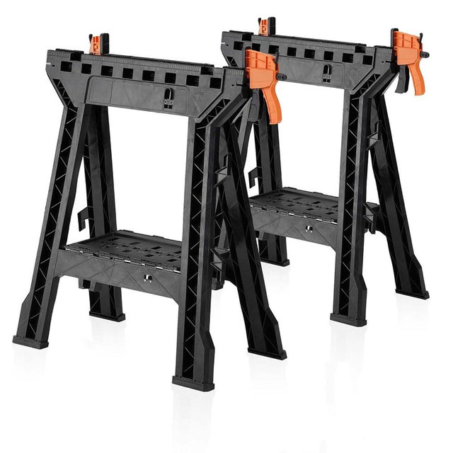 ZYJOYY Saw Horses 2 Pack-Folding Heavy Duty Clamping Sawhorse 1000 LBS Load Capacity, Workhorse with Bar Clamps, Built-in Tool Tray and Cord Hooks