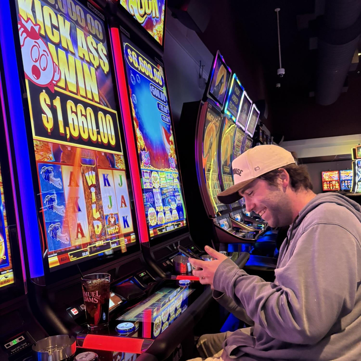 Mike instantly hitting a slot machine jackpot after the attendant told us the "smoking room is better for hitting jackpots".