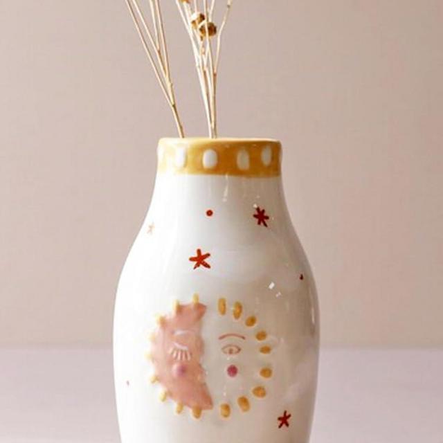 MOUGIGI Unique Ceramic Vase, Cute Boho Decor, Small Cream Vase for Dried Flowers or Single Bud - Sun and Moon Face Design