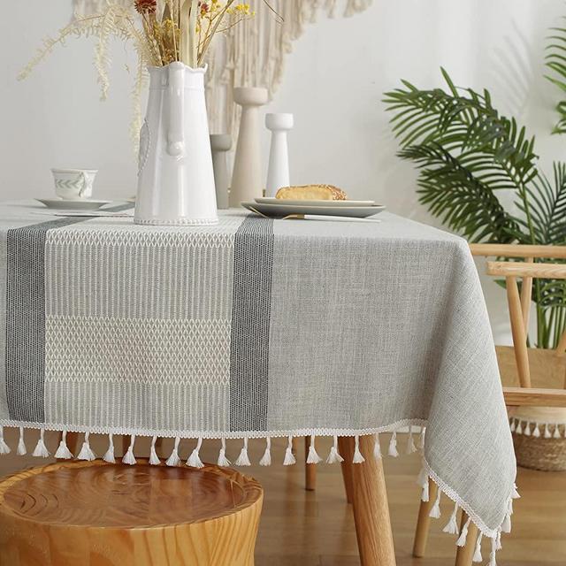 Oubonun Tablecloth Cotton Linen Table Cloth with Tassel Wrinkle Free Rectangular Tablecloth for Farmhouse Kitchen Outdoor Party (Grey, Double Stripe, 55''x86''